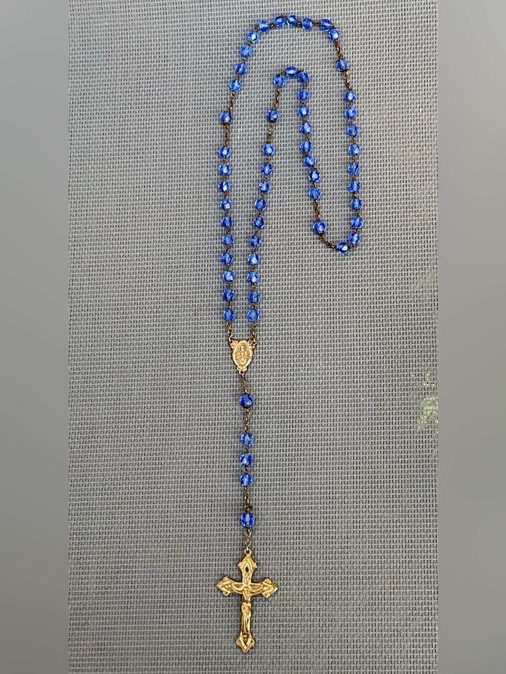 Gorgeous Blue Faceted Glass or Crystal Vintage Rosary Brass Crucifix 18.5” 6mm